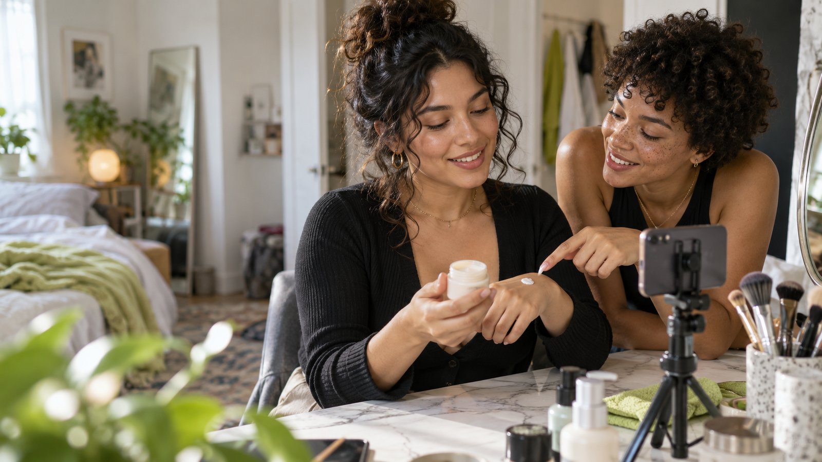 Deux créatrices testent la texture d’un soin devant leur téléphone.